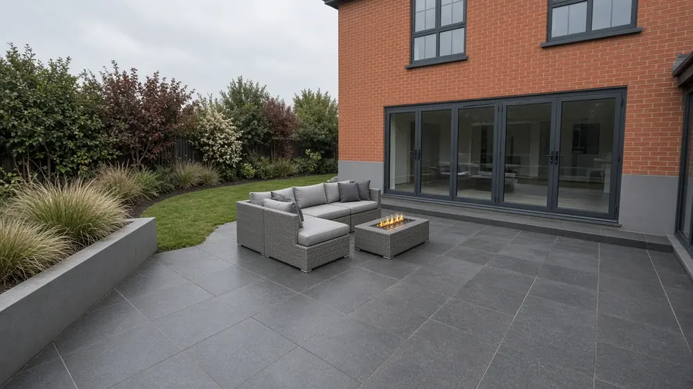 Example image: a large dark grey porcelain patio outside bi-fold doors on a newer detached house, with an outdoor sofa and planted beds