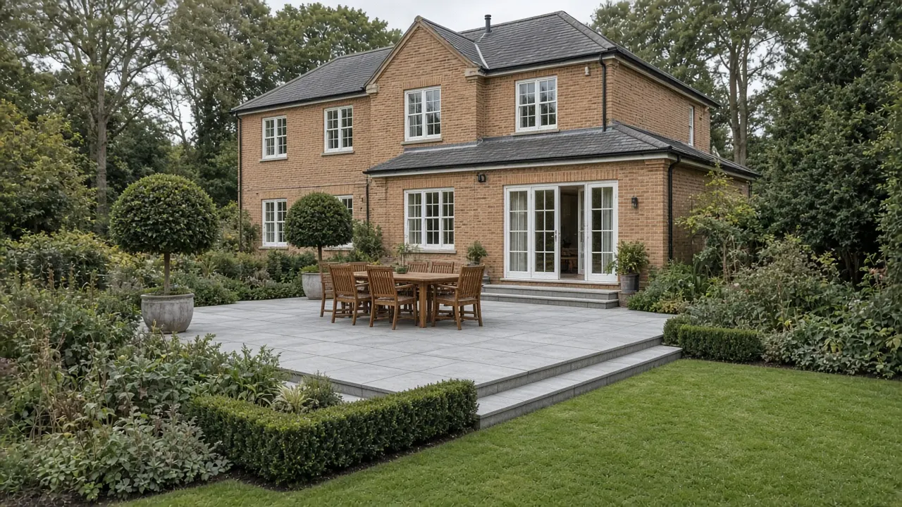 Example image: a generous grey patio across the back of a large detached brick house, with two steps up to French doors