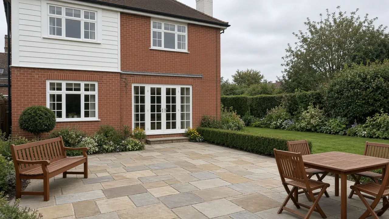 Example image: a generous riven sandstone patio behind a large Victorian red-brick townhouse